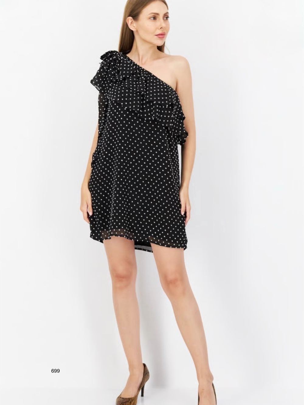 *new* CeCe One-Shoulder Black Polka Dot Mini Dress